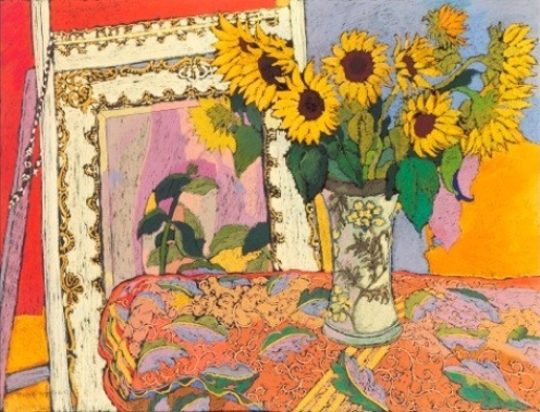 Sunflowers in vase - mirror in background