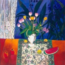 White vase with tulips - watermelon on table