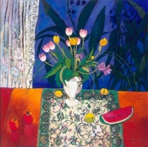 White vase with tulips - watermelon on table
